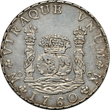 Mexico.  1760 8R Piller dollar. AU details/cleaned.
