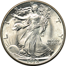 Six uncirculated Walking Liberty half-dollars, 1934 through 1939.