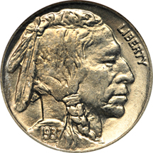 Ten uncirculated Buffalo nickels.