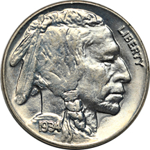 Ten uncirculated Buffalo nickels.