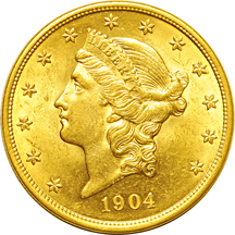 1904 Liberty double eagle MS-63 and 1908 NM Saint-Gaudens double eagle MS-60.