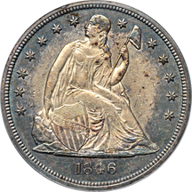 1846 Seated dollar PCGS Genuine (AU details/questionable color), 1883 Seated quarter PCGS Genuine (UNC details/questionable color), and 1858 half-dime PCGS AU-50.