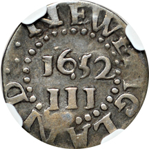 1652 Pine Tree Threepence, "Pellets at Tree Trunk" (Noe-34, Crosby 1-A1, R.4, 17.7gr.) NGC VF-25.