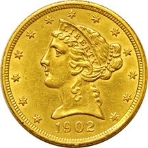 Five AU U.S. Gold type coins.