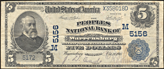 1902 $5.00. Warrensburg, MO Charter# 5156 Blue Seal. F+.