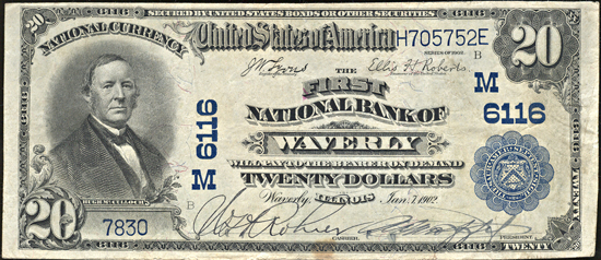 1902 $20.00. Waverly, IL Charter# 6116 Blue Seal. VF.