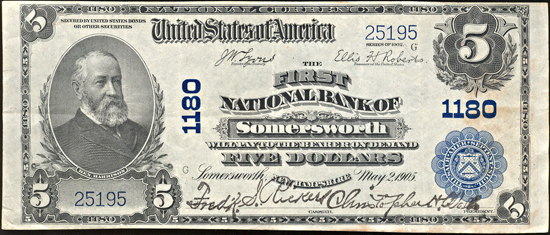 1902 $5.00. Somersworth, NH Charter# 1180 Blue Seal. VF.