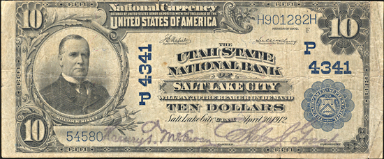 1902 $10.00. Salt Lake City, UT Charter# 4341. Blue Seal. F.