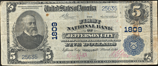 1902 $5.00. Jefferson City, MO Charter# 1809 Blue Seal. F.