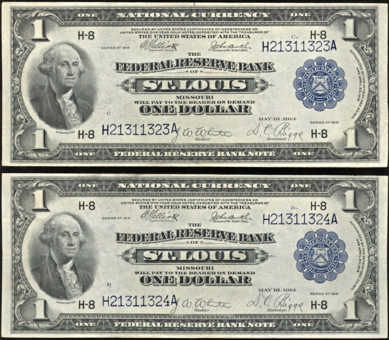 Sequential pair of 1918 $1.00 St. Louis.  AU.