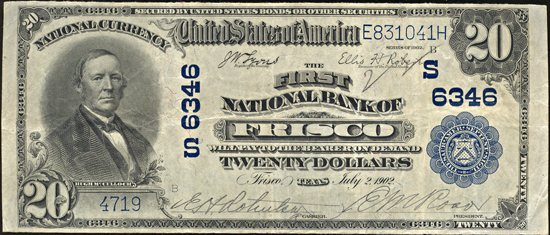 1902 $20.00. Frisco, TX Charter# 6346 Blue Seal. VF.