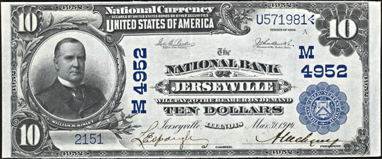 1902 $10.00. Jerseyville, IL Charter# 4952 Blue Seal. XF.