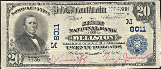 1902 $20.00. Wellston, MO Charter# 8011 Blue Seal. VF.