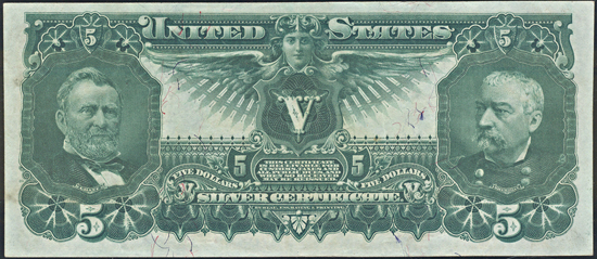 1896 $5.00.  PMG AU-50.