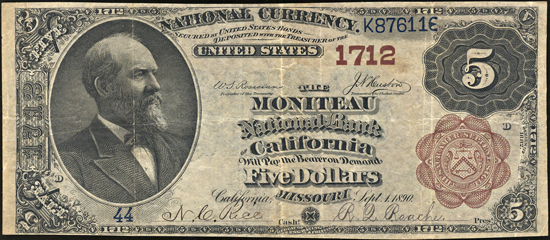 1882 $5.00. California, MO Charter# 1712 Brown Back. F.