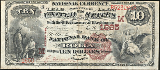 1882 $10.00. Rolla, MO Charter# 1865 Brown Back. VF.