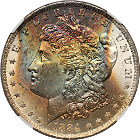 Seven colorfully toned Morgan dollars graded MS-63 (one star) by NGC.