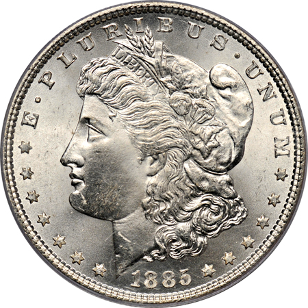 Five Morgan dollars in PCGS MS-65 holders.