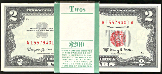 Pack of 98 1963-A and two 1963 $2.00 star notes.  CU.