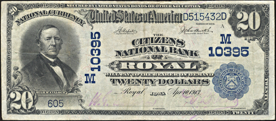 1902 $20.00. Royal, IA Charter# 10395 Blue Seal. VF.