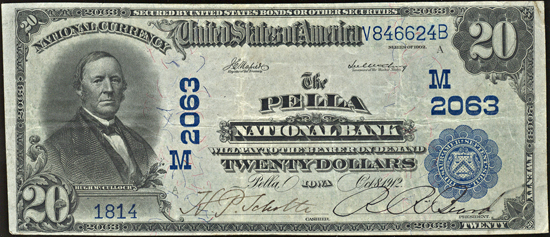 1902 $20.00. Pella, IA Charter# 2063 Blue Seal. VF.