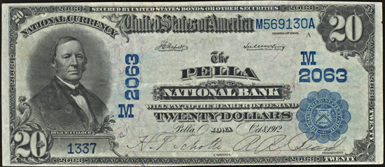 1902 $20.00 Date Back. Pella, IA Charter# 2063 Blue Seal. XF.