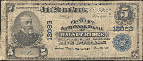 1902 $5.00. Walnut Ridge, AR Charter# 12083 Blue Seal. VG.