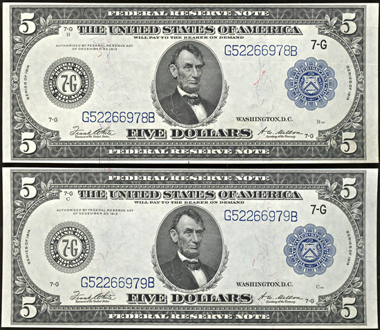 Sequential pair of 1914 $5.00 Chicago.  Blue Seal. CHCU.