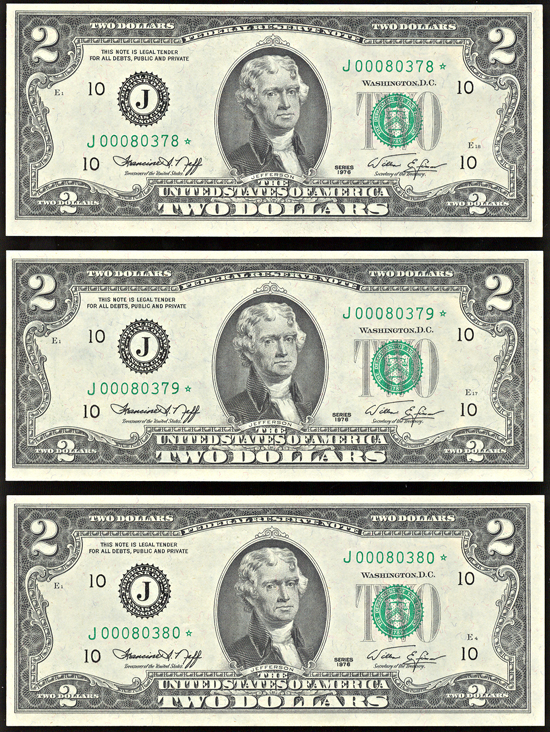 Run of three sequential 1976 $2.00 Kansas City star notes, first day of issue.  CHCU.