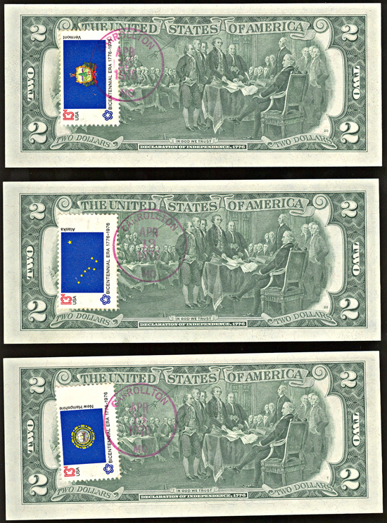 Run of three sequential 1976 $2.00 Kansas City star notes, first day of issue.  CHCU.