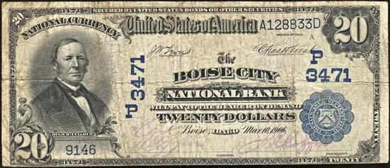 1902 $20.00. Boise, ID Charter# 3471 Blue Seal. F.