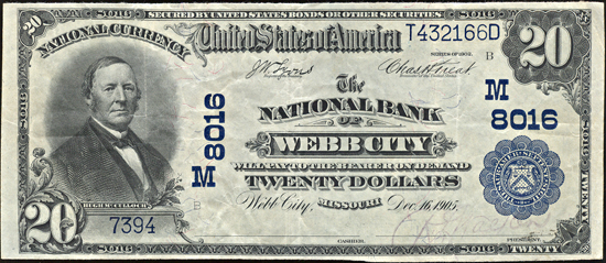 1902 $20.00. Webb City, MO Charter# 8016 Blue Seal. VF.