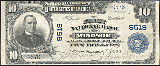 1902 $10.00. Windsor, MO Charter# 9519 Blue Seal. VF.