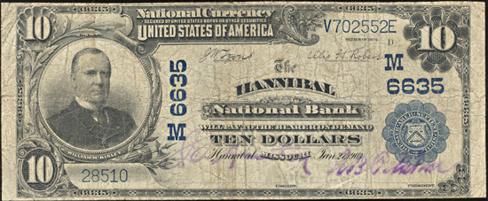 1902 $10.00. Hannibal, MO Charter# 6635 Blue Seal. F.
