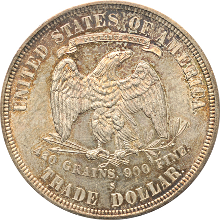 1877-S TRADE. ANACS MS-61 (ANACS case has chip on lower rim).