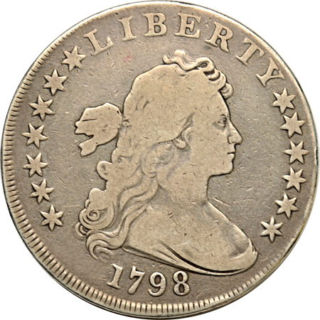 1798 Pointed 9, 4 Lines (B-14, BB-122, R.3). F details/rim bruise.