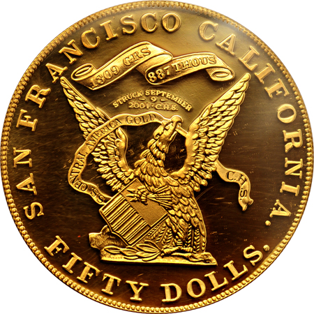 1855 Kellogg $50 S.S. Central America Commemorative Restrike.  PCGS Gem Proof.