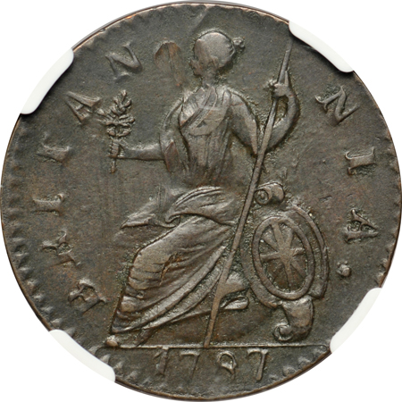 1787 Atlee Machin's Mills imitation halfpence (Vlack 18-87C, R.4). NGC XF details/reverse damage.