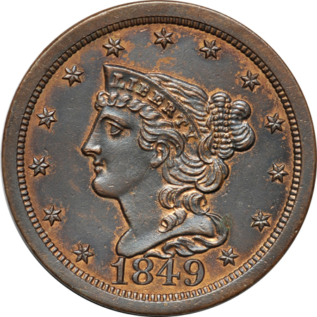 1849 half-cent AU details/whizzed and 1855 large-cent Uncirculated details/questionable color.