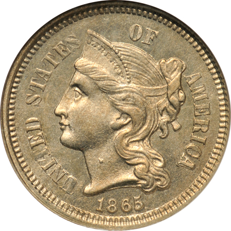 Eight 1865 three-cent nickel varieties.