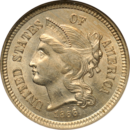 Seven 1866 three-cent nickel varieties.