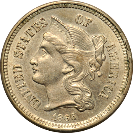 Twenty-seven 1866 three-cent nickel varieties.