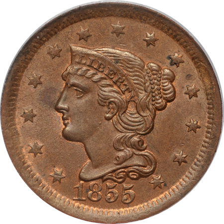 1855 (Upright 55, N-8) PCGS MS-63BN.