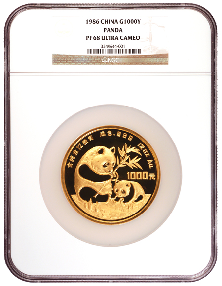 China - 1986 12oz Gold Chinese Panda, 1000Y, NGC PF 68 Ultra Cameo.
