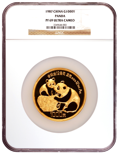China - 1987 12oz Gold Chinese Panda, 1000Y, NGC PF 69 Ultra Cameo.