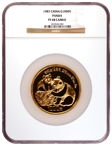 China - 1987 12oz Gold Chinese Panda, 1000Y, NGC PF 68 Cameo.