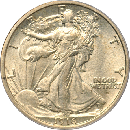 Five PCGS certified Walking Liberty half-dollars.