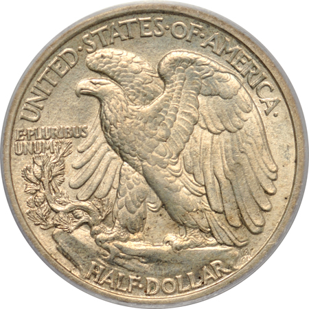 Five PCGS certified Walking Liberty half-dollars.