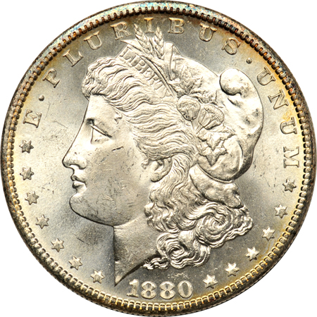 Twenty uncirculated 1880-S Morgan dollars.