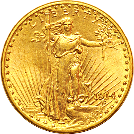 Five Saint-Gaudens double-eagles, as described.